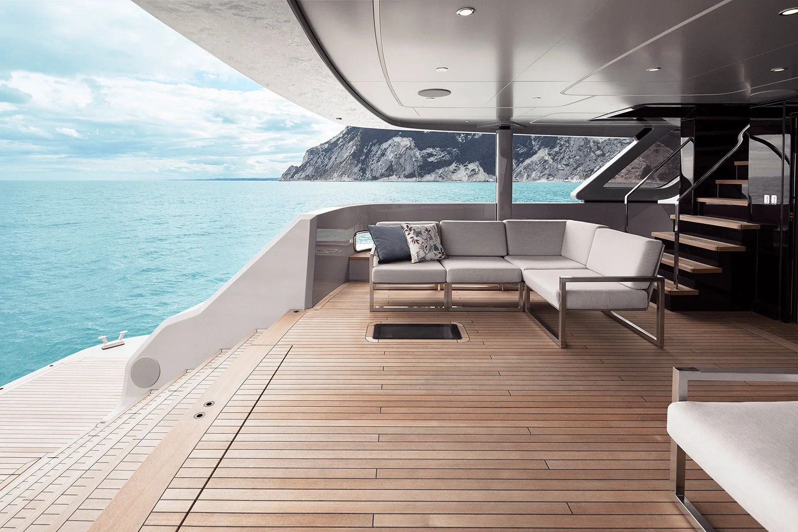 Pazienza main deck seating with panoramic ocean views